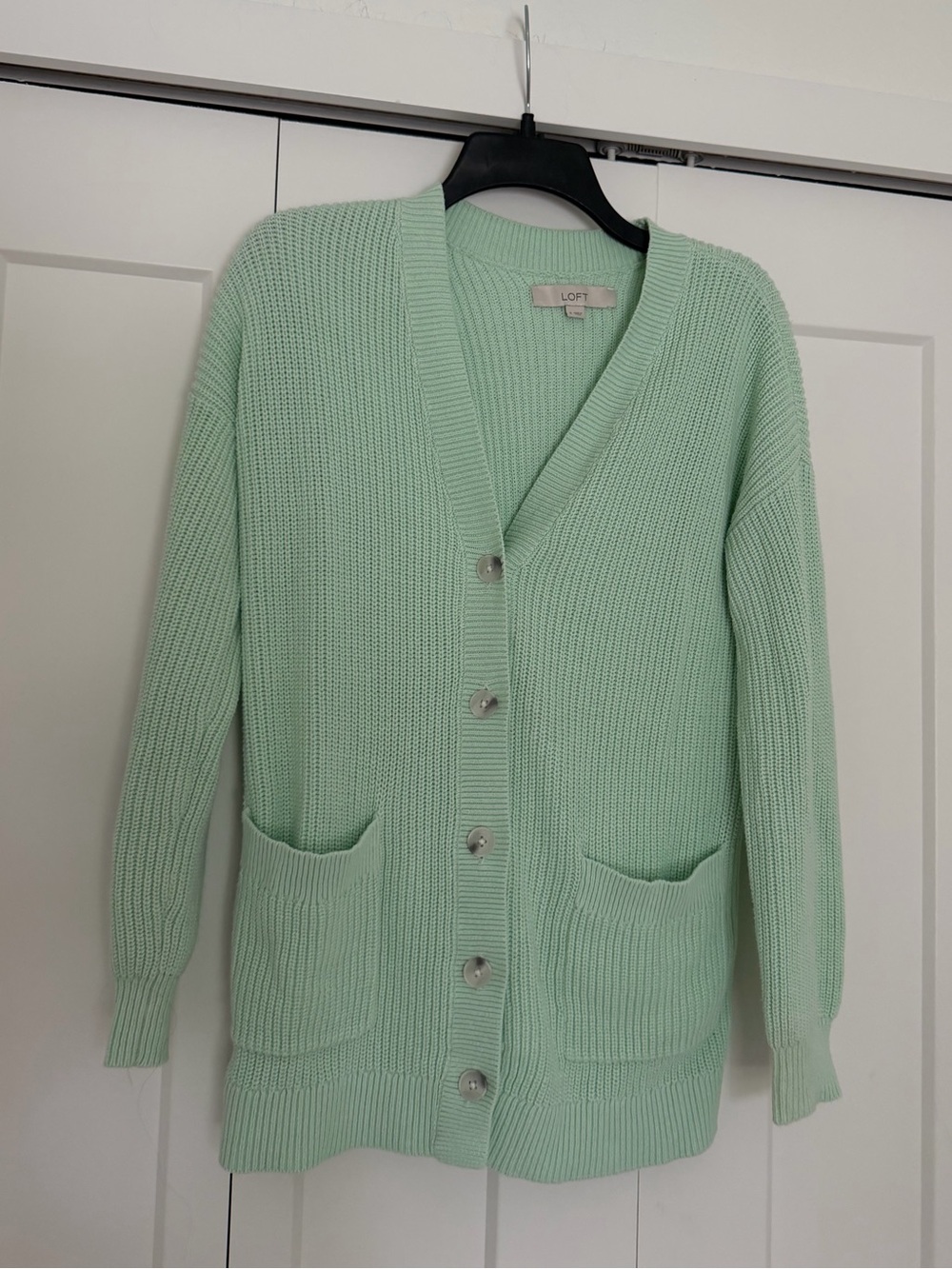 LOFT Mint Green Ribbed Button-Front Cardigan